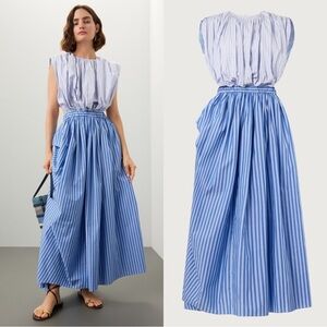 Blue Striped Maxi Dress with Gathered Waist